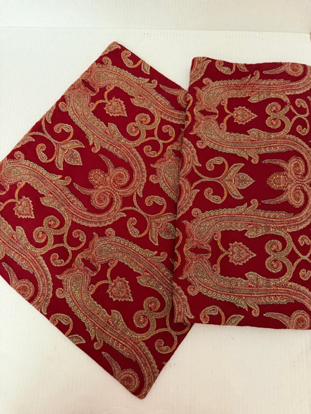 Two Pottery Barn Red Floral Paisley  Pillow Shams 18x17 Wool Cotton Decor